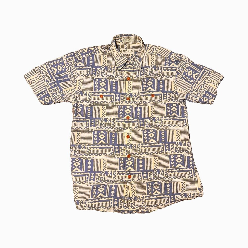Orvis Button-Up Shirt Mens M Blue Beige Geometric Cotton Woven Point Collar SS